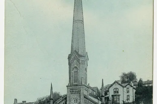 Cumberland Presbyterian church with tall spire on a hillside., Bridgeport, Pennsylvania