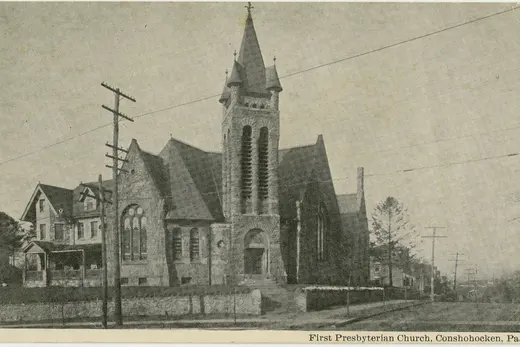 Stone Presbyterian church and neighboring houses on a street., Conshohocken, Pennsylvania