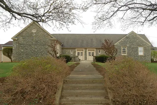 Stone community building with central walkway and steps., Highland Township, Pennsylvania