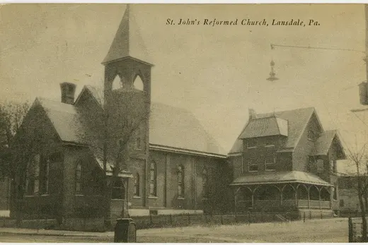 Historic church and adjacent house on a quiet street, Lansdale, Pennsylvania