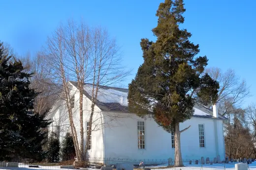 White church building and cemetery in snowy landscape., Londonderry Township, Pennsylvania