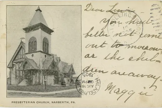 Black-and-white postcard photo of Presbyterian Church in Narberth, Pennsylvania., Narberth, Pennsylvania