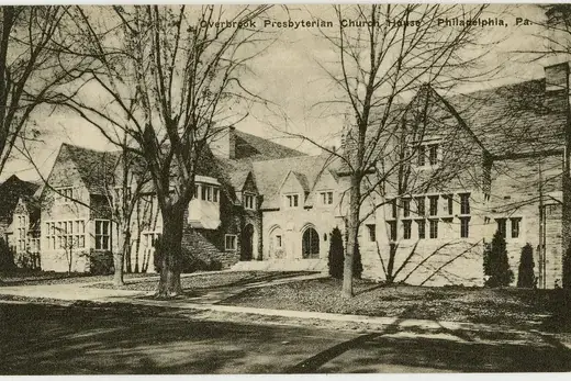 Stone church house and grounds with trees and driveway, Overbrook, Pennsylvania