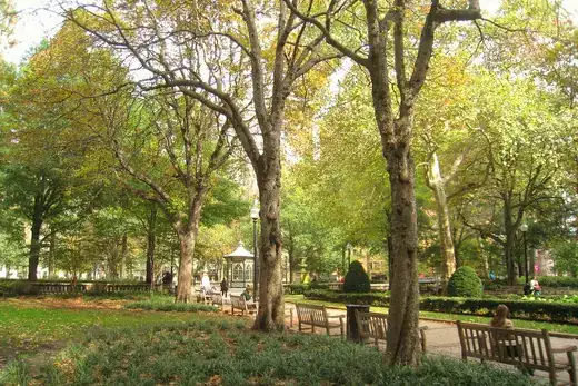 Park with trees, benches, and a small pavilion, Rittenhouse Square, Pennsylvania