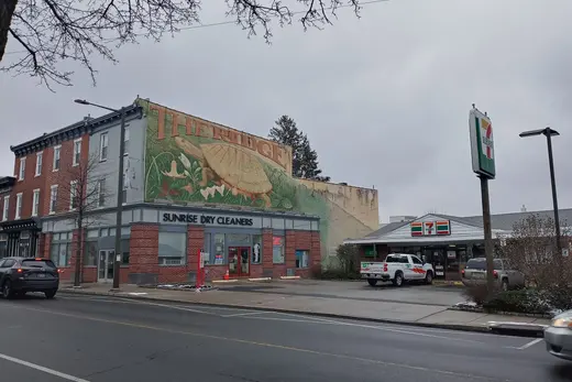 Street view with dry cleaner, mural, and 7-Eleven gas station., Roxborough, Pennsylvania